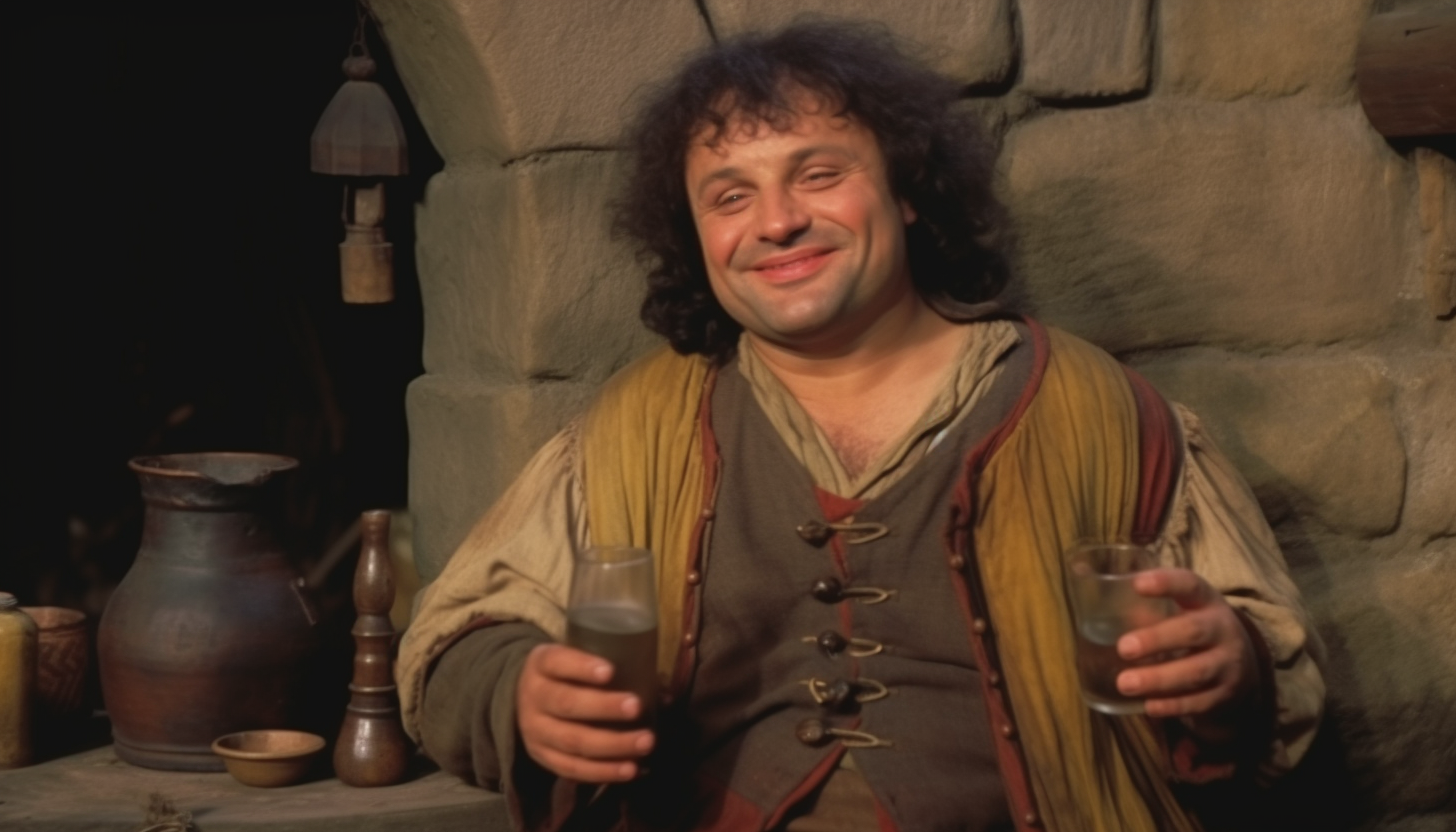 Image of medieval beggar Burt Young in a tavern