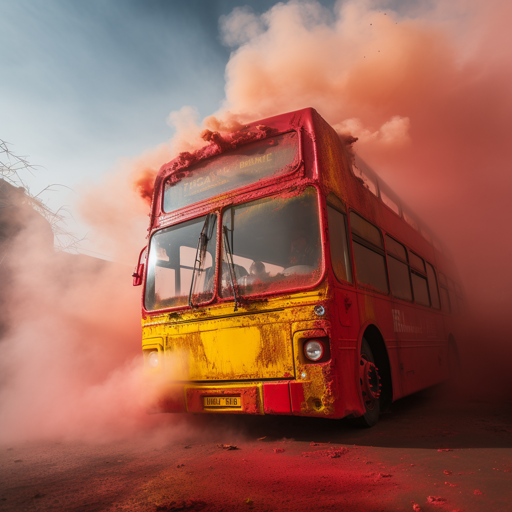 Vibrant bus with red and yellow smoke