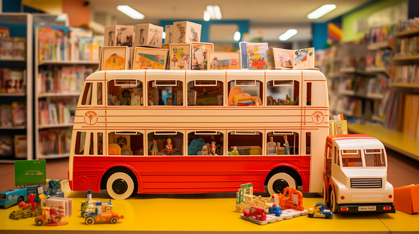 Toys displayed inside bus stand cardboard