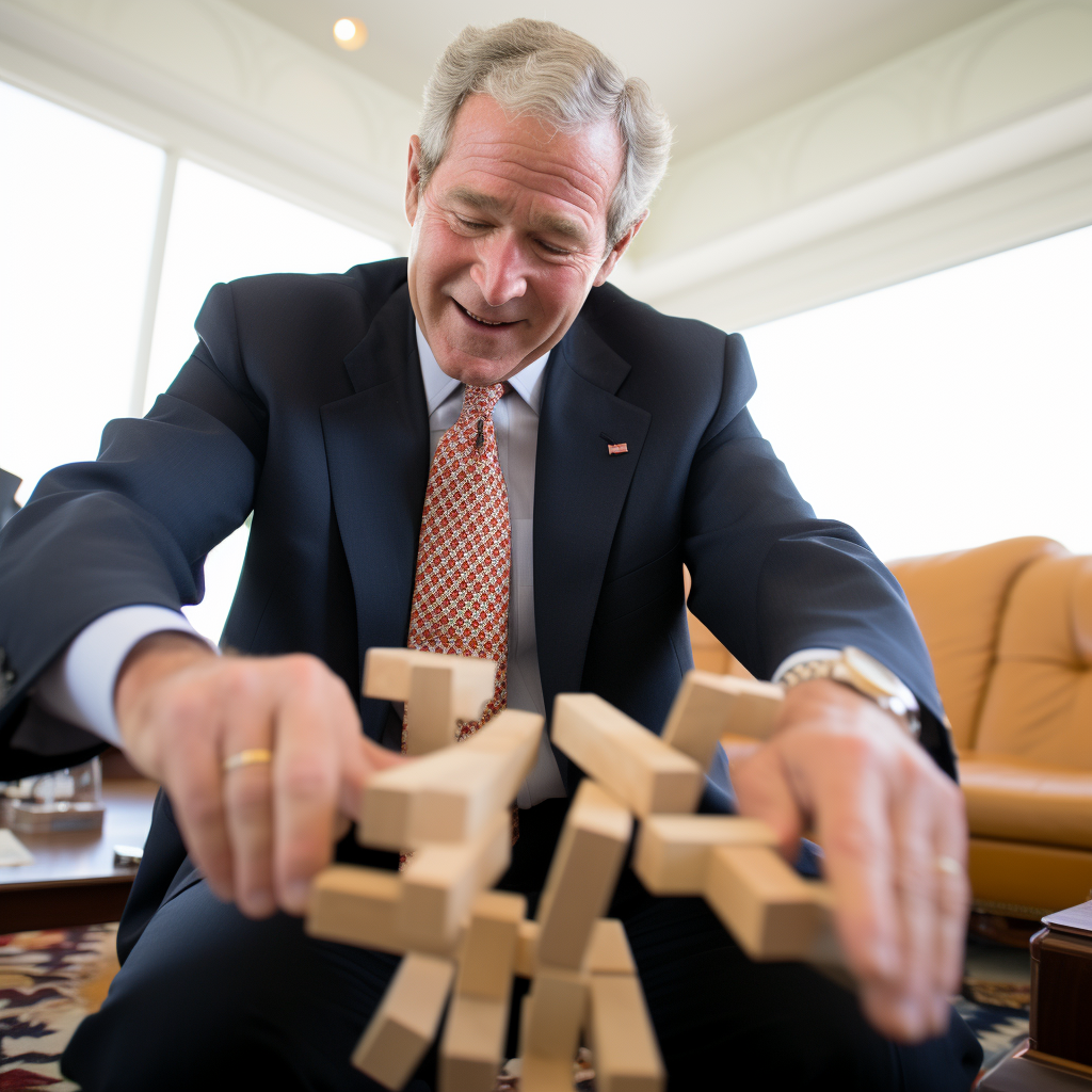 George W Bush playing jenga with airplane model