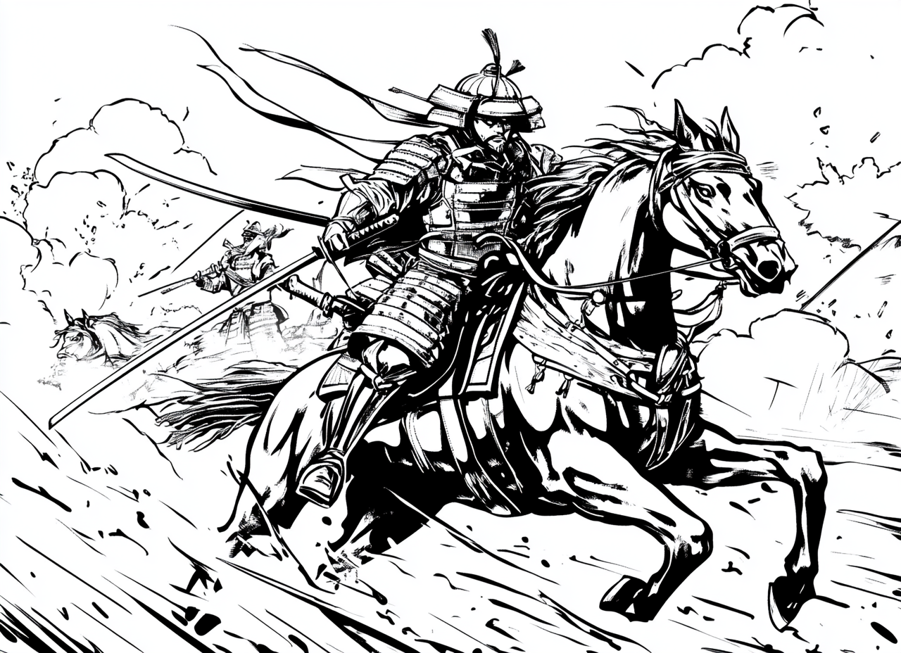 Bushido Samurai Riding Horse Coloring Page