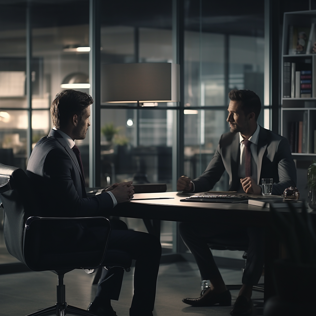 Business man talking to his client in a cinematic office setting