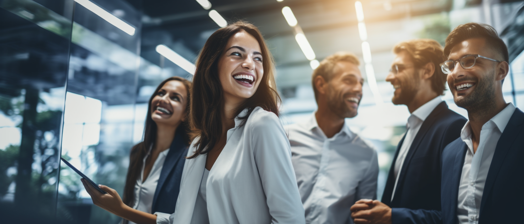 Smiling business people looking into a screen