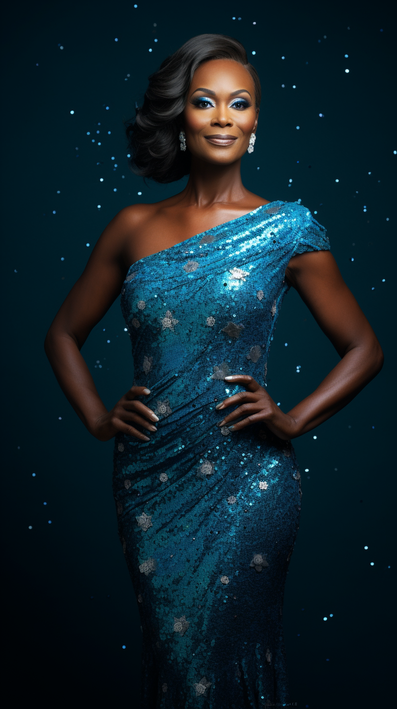 Black woman in blue sequin dress