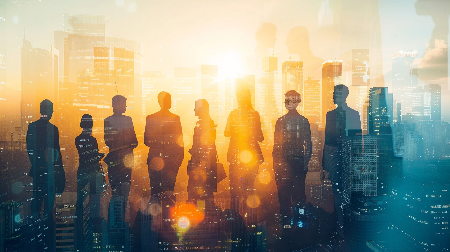 Silhouettes of business professionals and cityscape