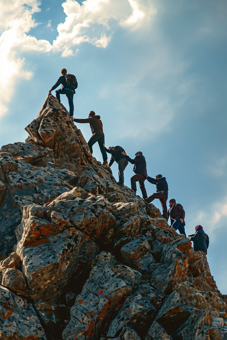 Business team climbing mountain together