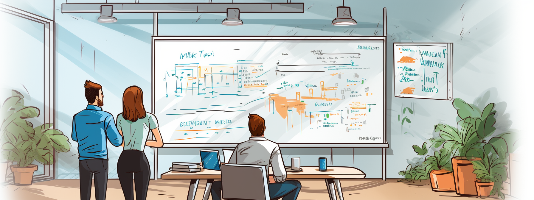 Business consulting strategies on whiteboard