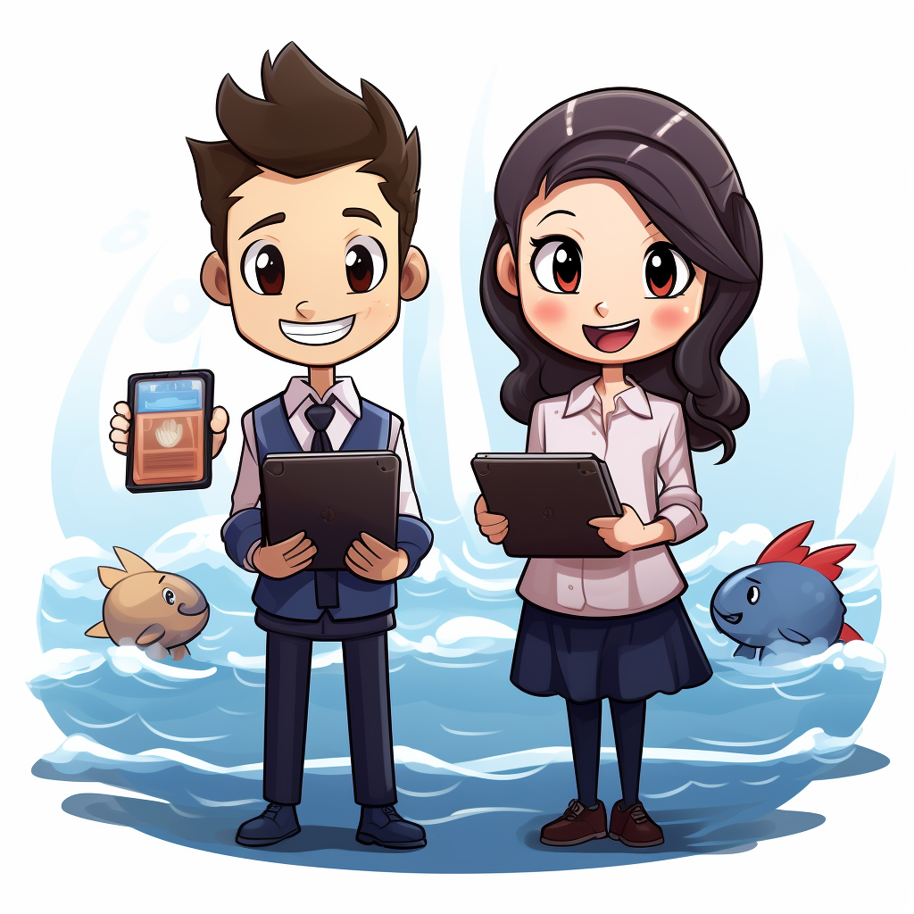 Two characters holding tablets, one showing 'BOOK' and the other a container vessel on the sea