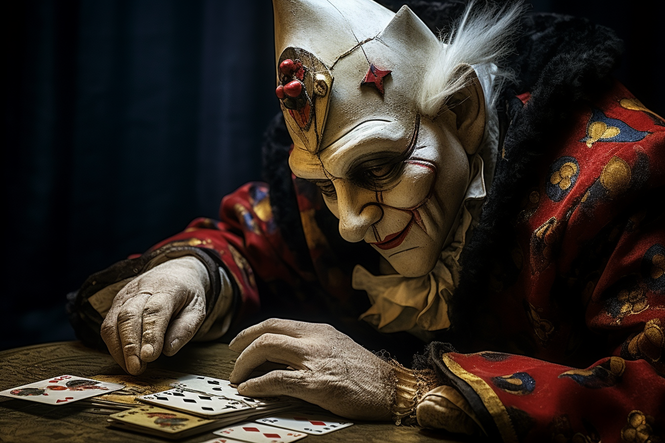 Businessman wearing Arlequin mask holding tarot card