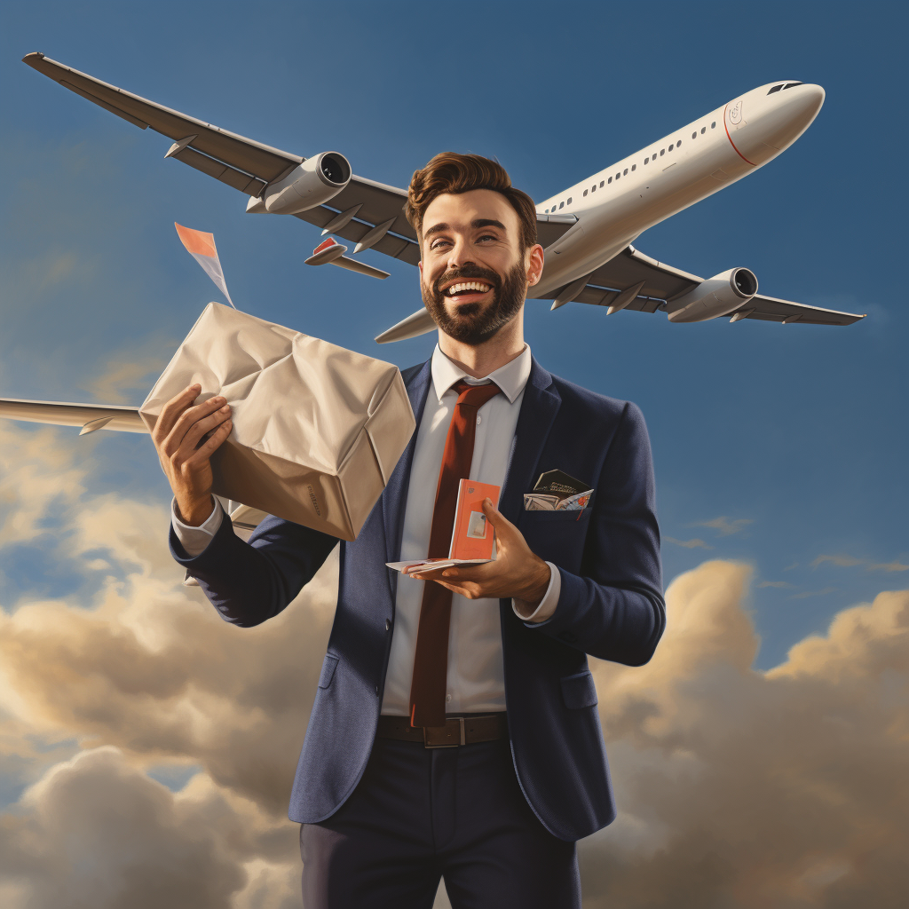 Business owner with package and airplane