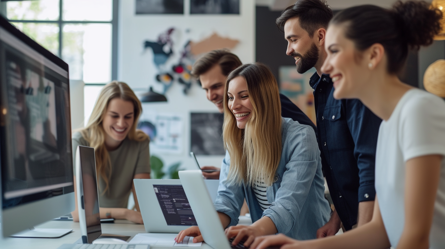 Smiling clients impressed by website presentation