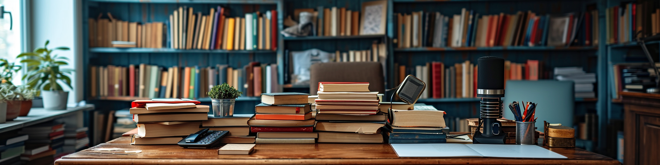 Businessman desk with piles of books and microphone