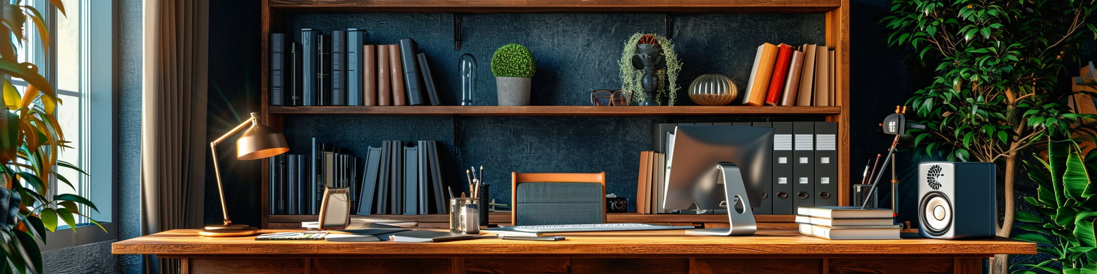 businessman desk with books and professional podcast mic