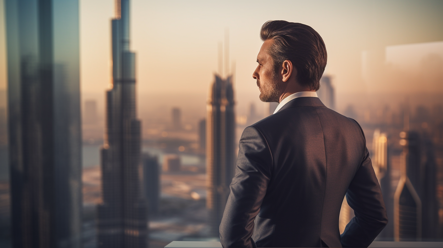 Businessman gazing at distant Dubai skyscraper