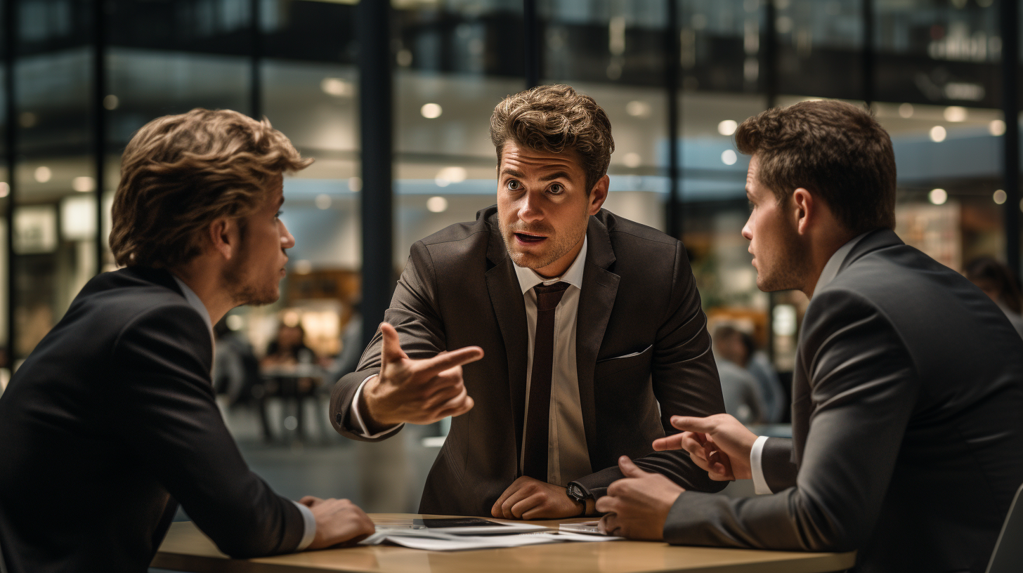 Businessman and friends discussing a photorealistic concept