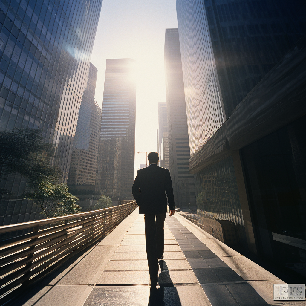 Businessman heading towards skyscraper in rush hour