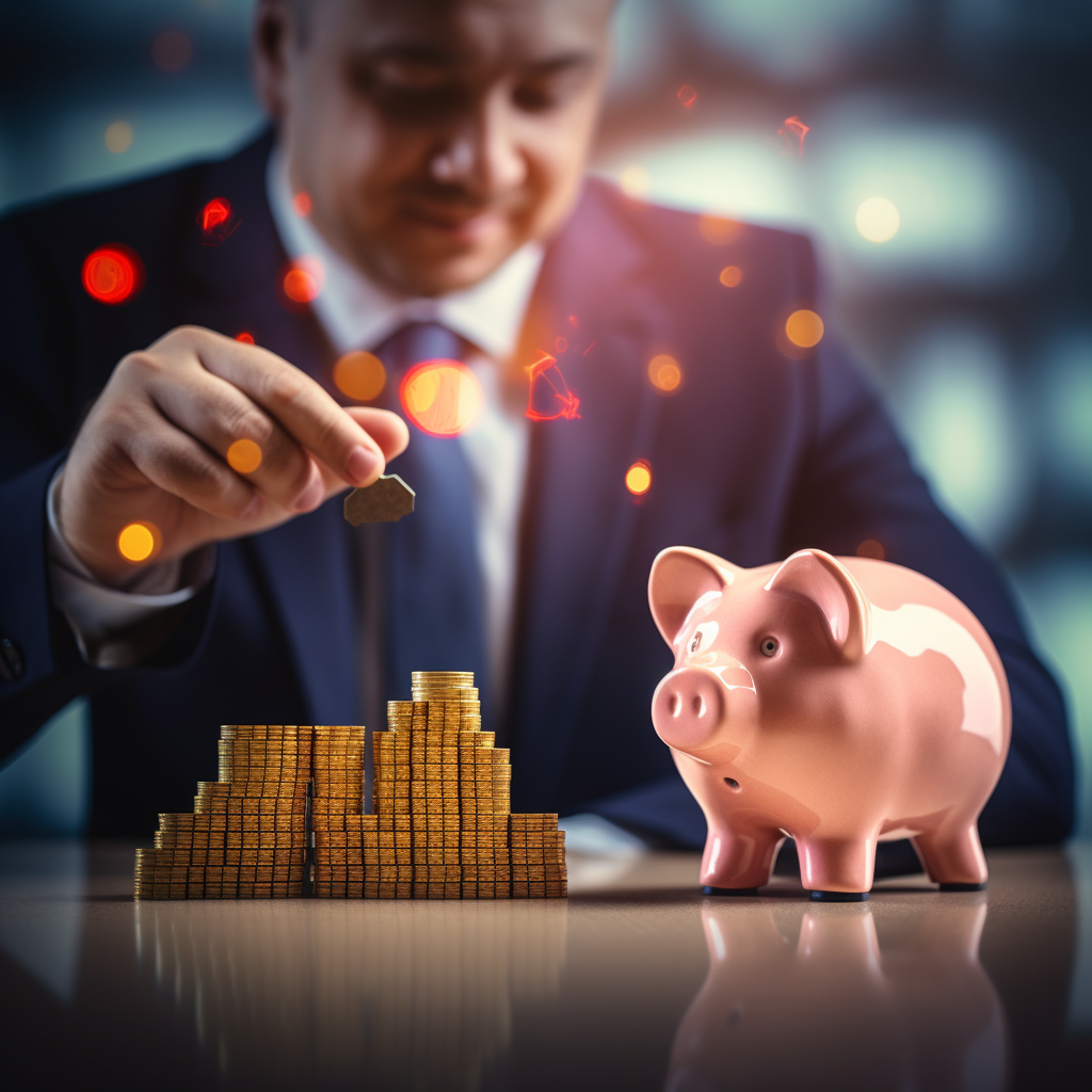 Businessman Putting Piggy Bank on Highest Bar Chart Graph