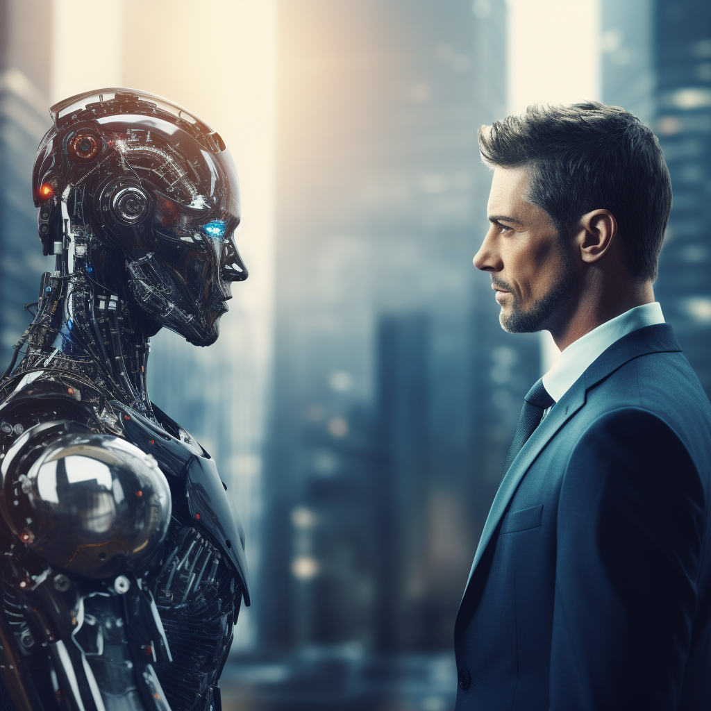 Businessman and Robot looking at each other