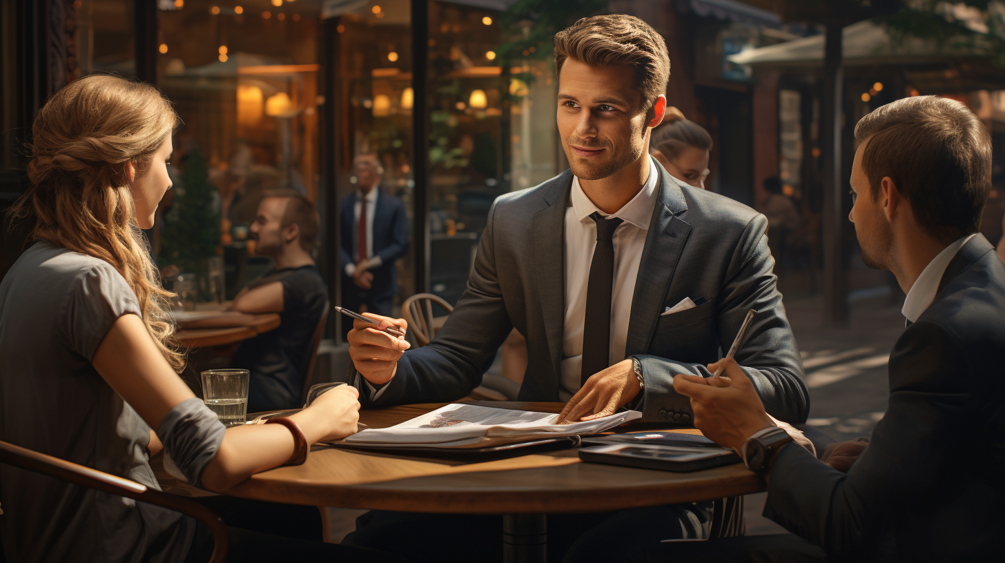 Businessman talking to friends in photorealistic image