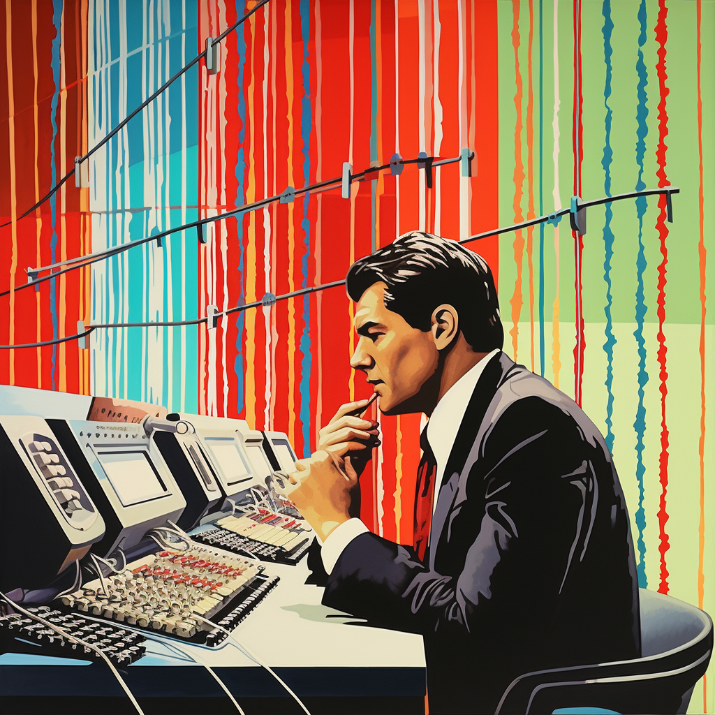 Businessman talking on a huge telephone exchange