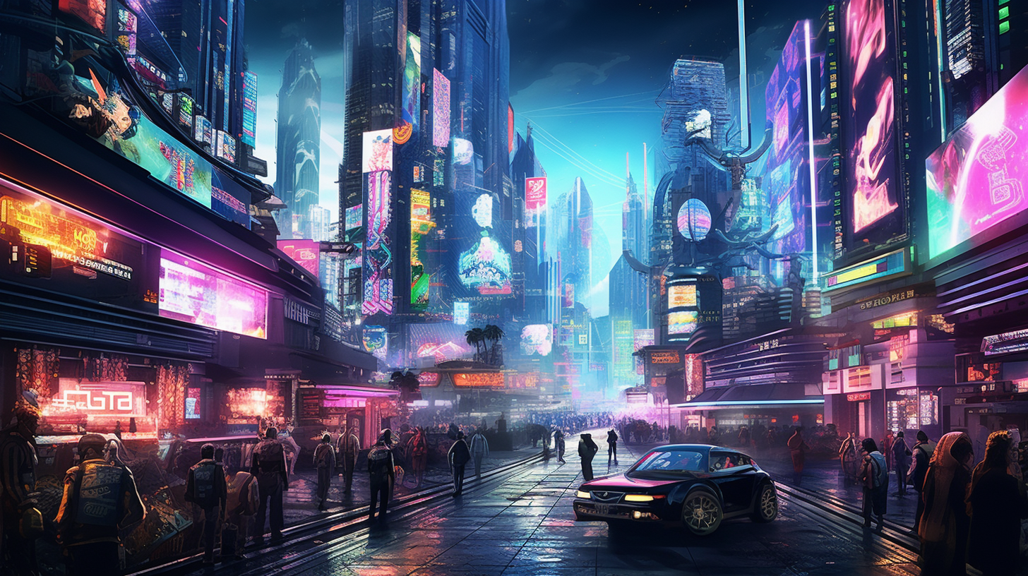 Busy street in cyberpunk city