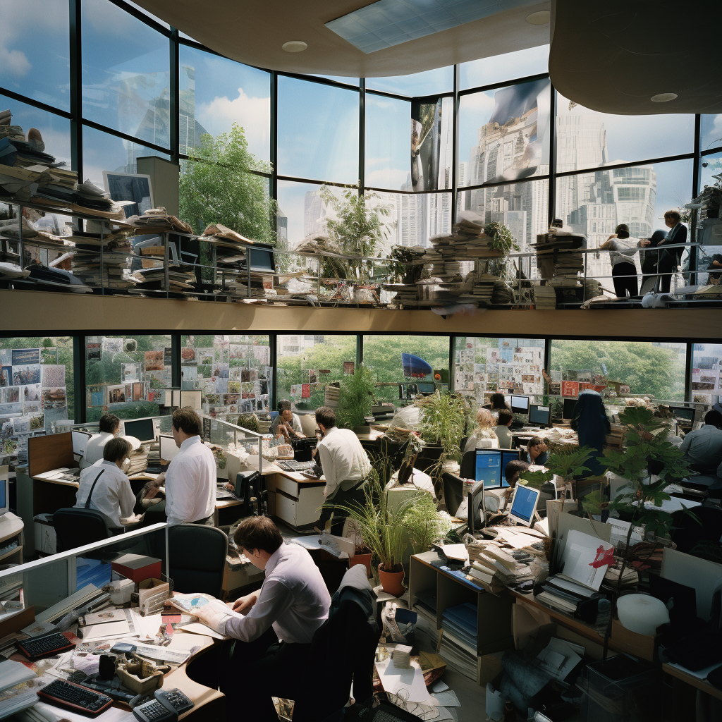 Bustling office with open spaces and natural light