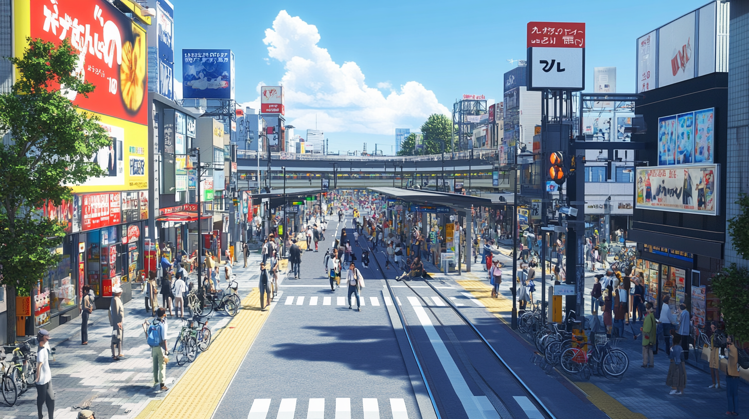 Busy Japanese city train station