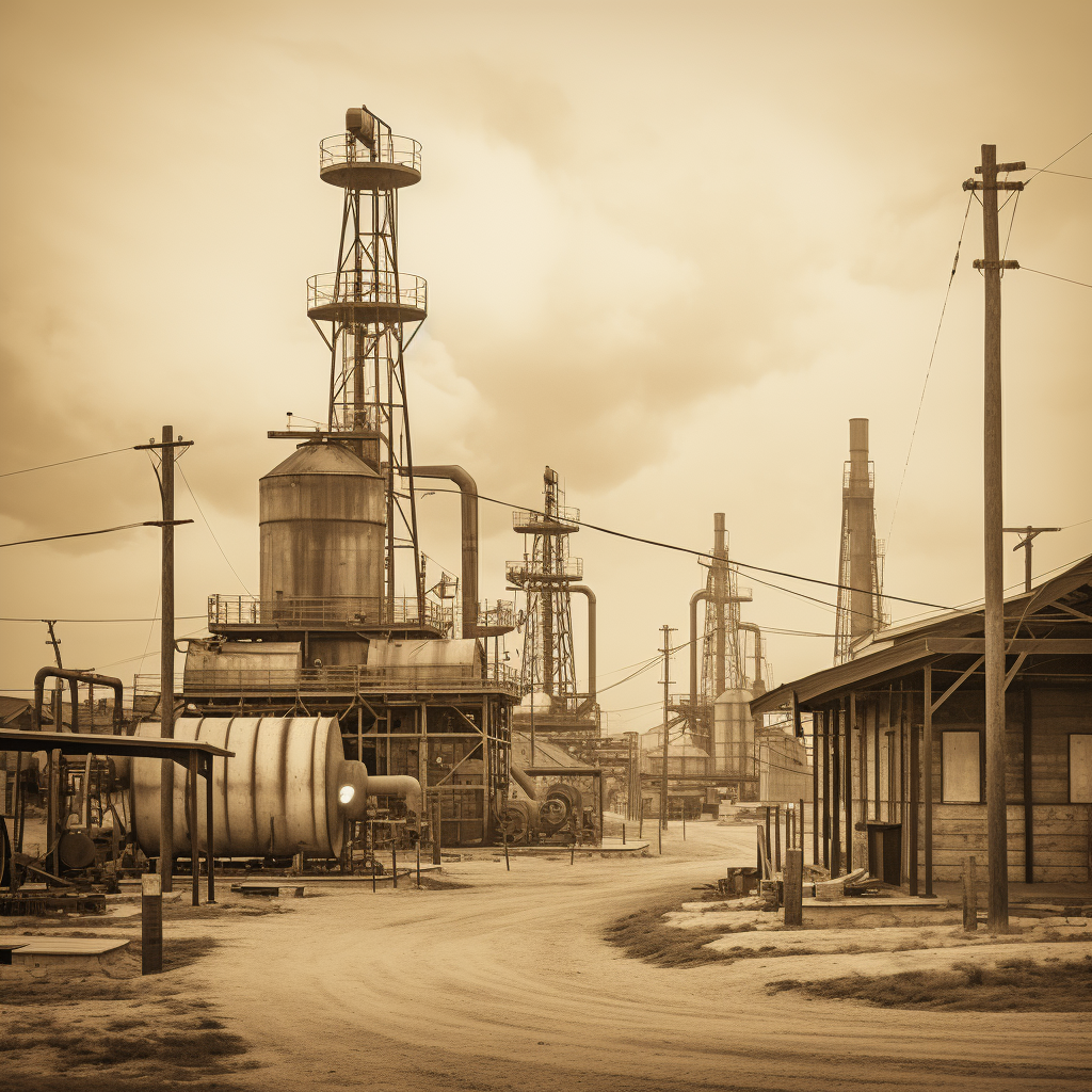 Bustling oil field with derricks