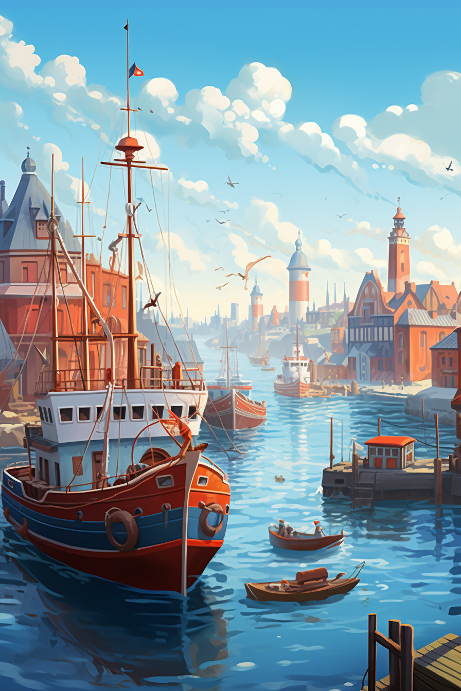 Cartoon picture of a busy harbour