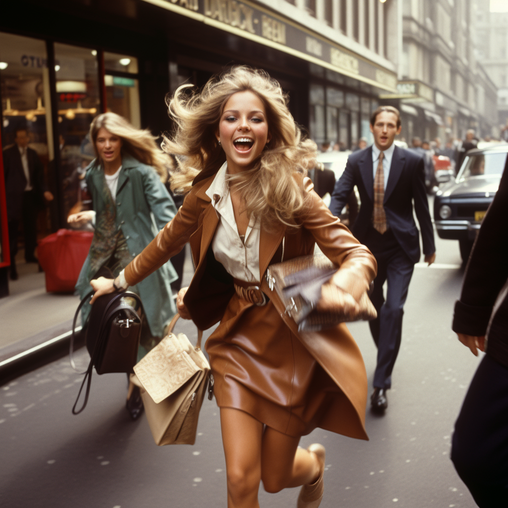 Well-dressed woman running with suitcase full of cash