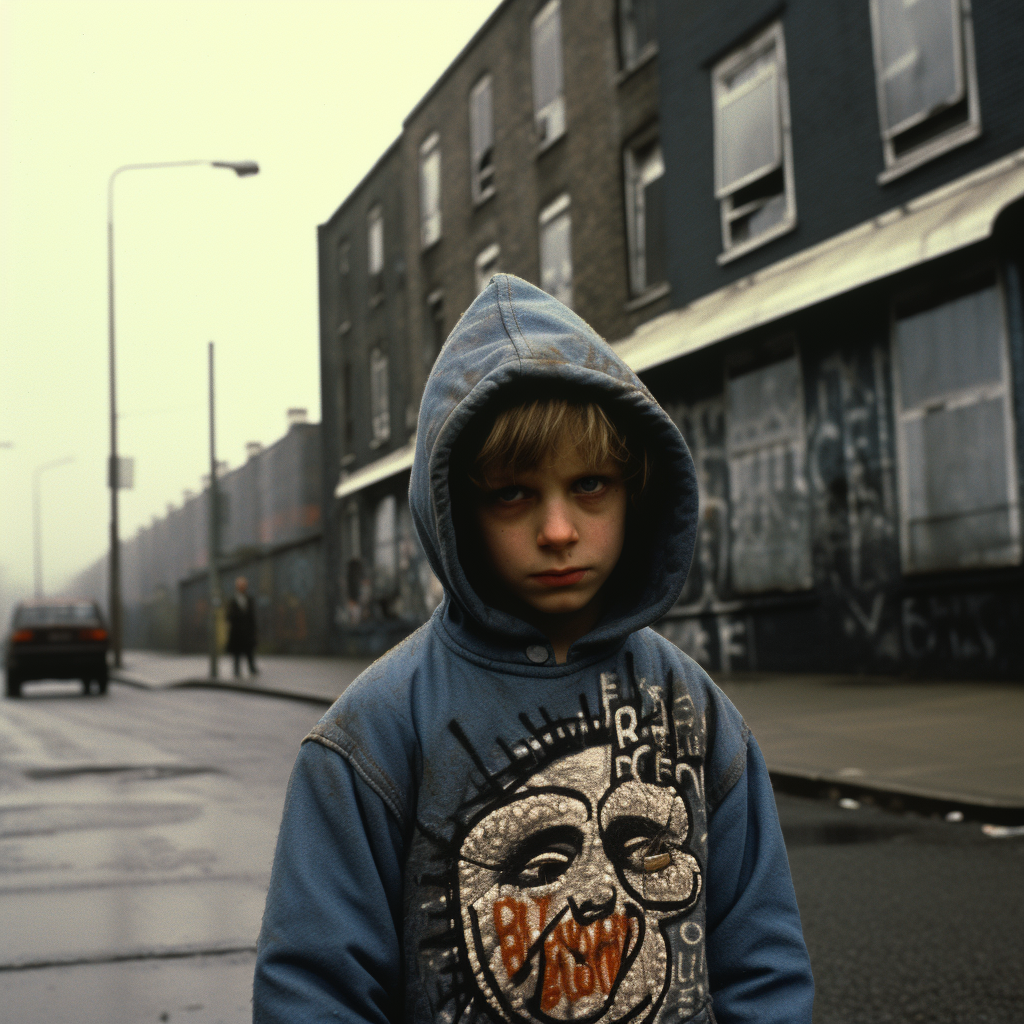 10-year-old boy walking on busy road