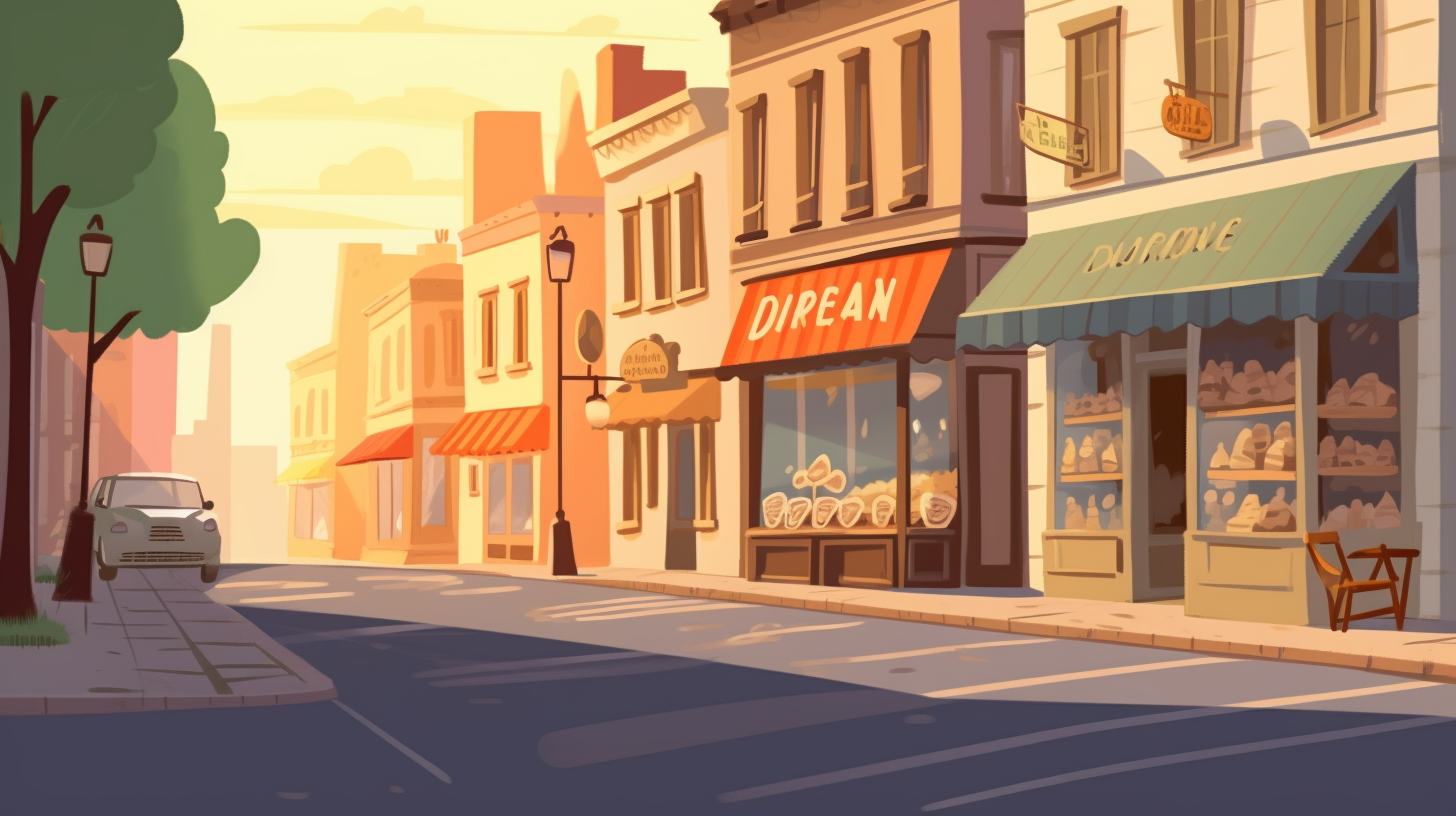 Illustration of a busy street with a bakery shop