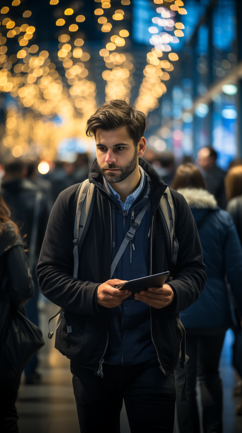 Man walking through busy tech conference