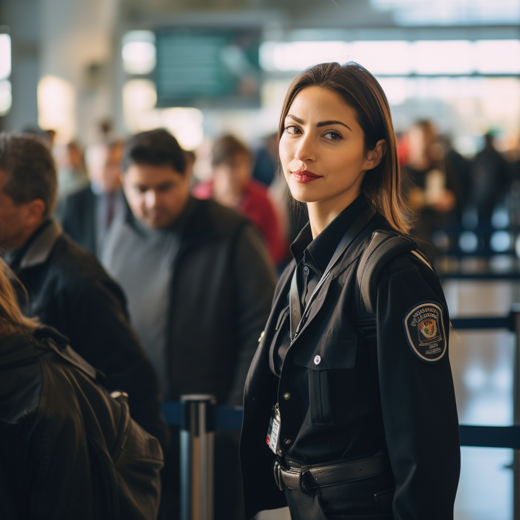 Female TSA officer at crowded airport