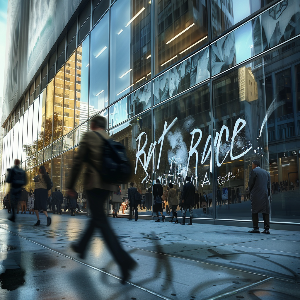 Busy city sidewalk corporate office building