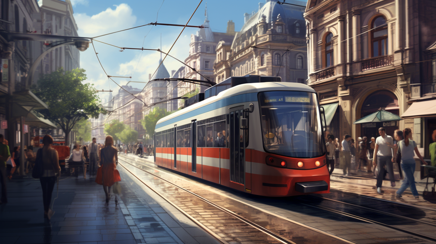 Busy city streets with tramway