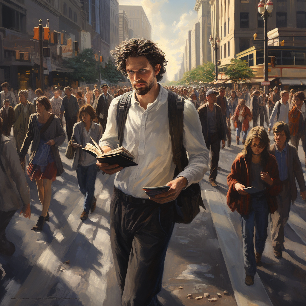 Man reading Bible in crowded intersection