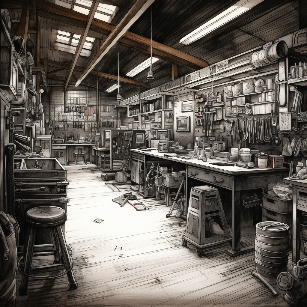 Detailed sketch of busy mechanic's garage