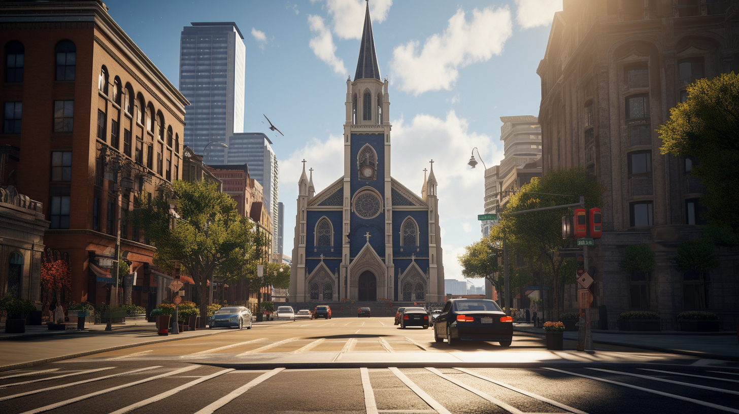 Church amidst bustling cityscape