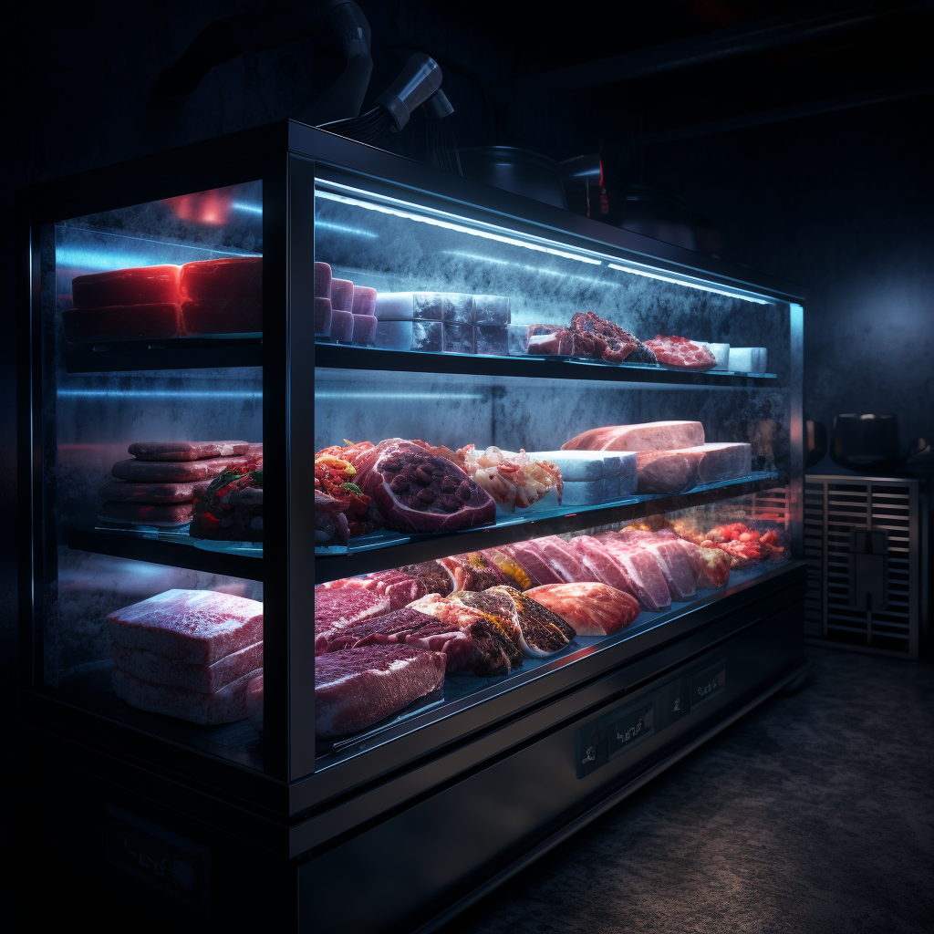 Butcher Glass Freezer with Vinyl Records and Meat