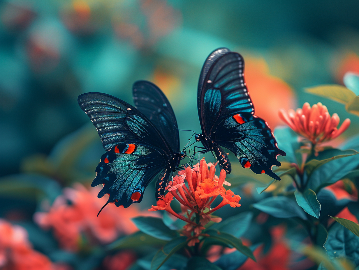 Bright red and orange flowers with butterflies