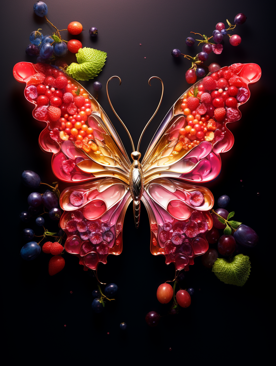 Colorful butterfly wings made from jewelry and fruit.