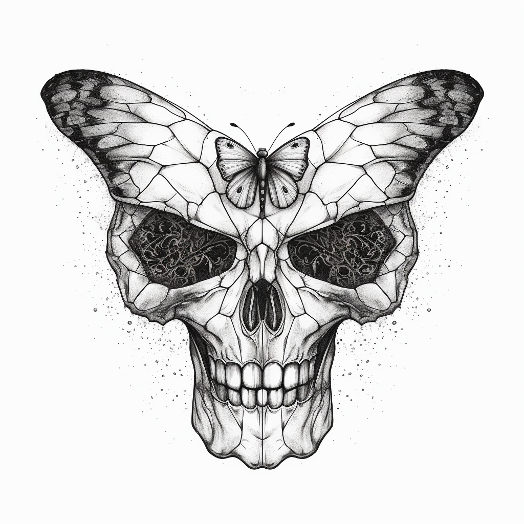 butterfly surrealistic drawing with skull in black and white