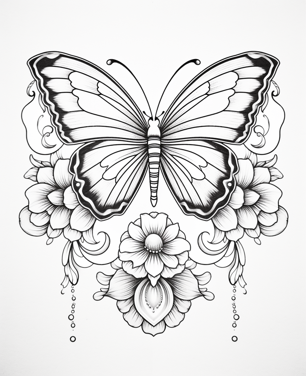 Black and White Butterfly and Flowers Coloring Page