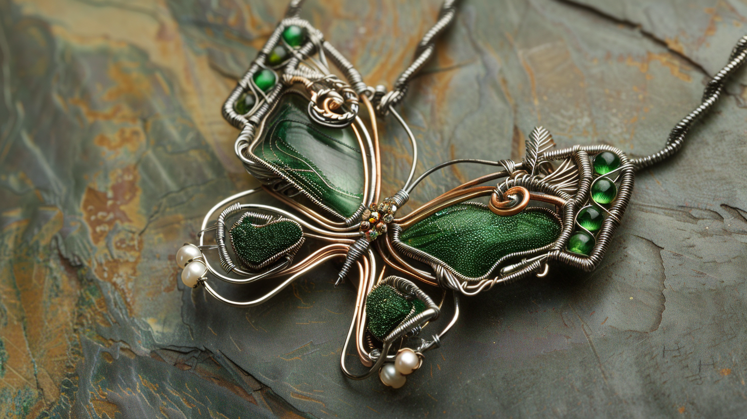 Elegant Butterfly Necklace Pendant Green Gems