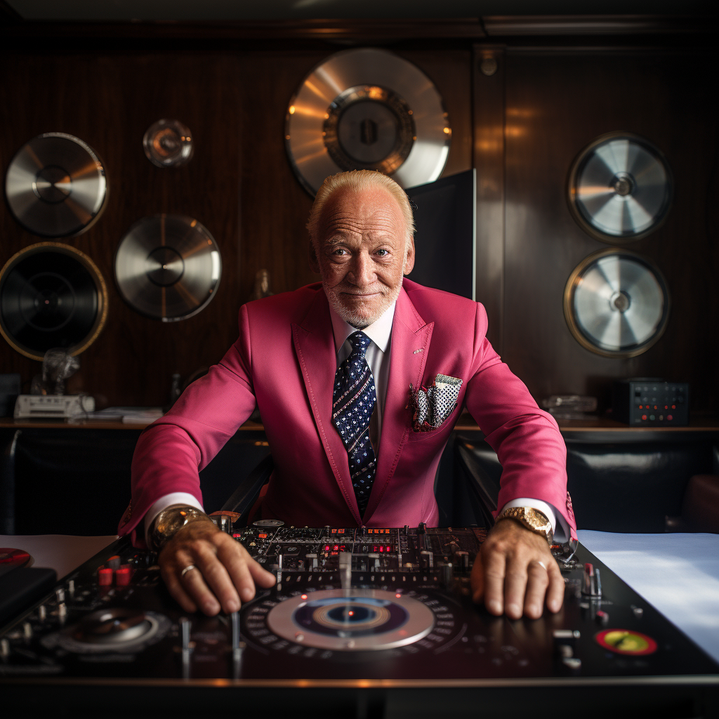 Buzz Aldrin DJ'ing in a boardroom