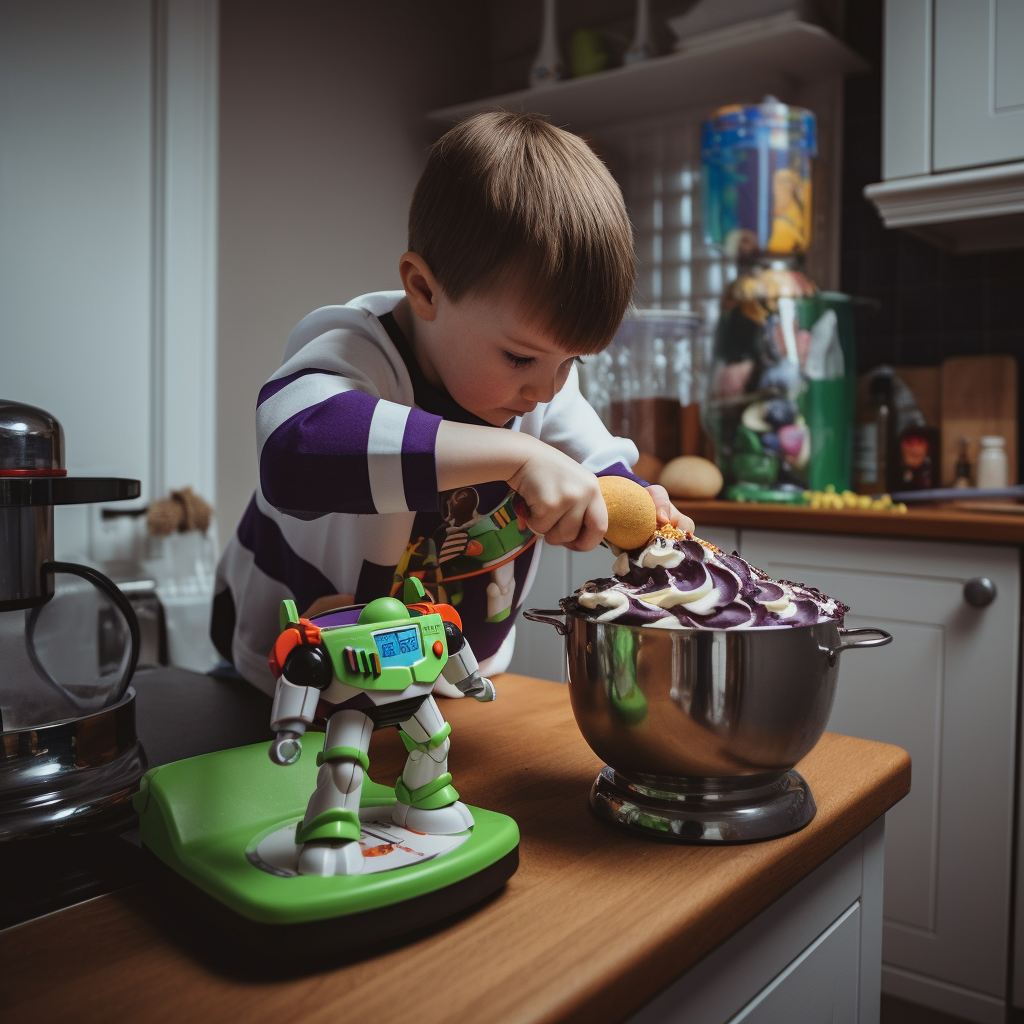 Buzz Lightyear baking a cake in a themed home