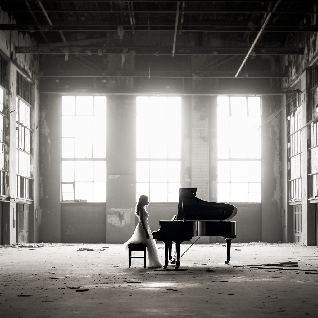 Black and white photo of a female playing piano