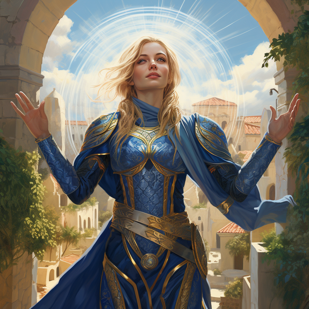 Blonde woman sorcerer in blue armor