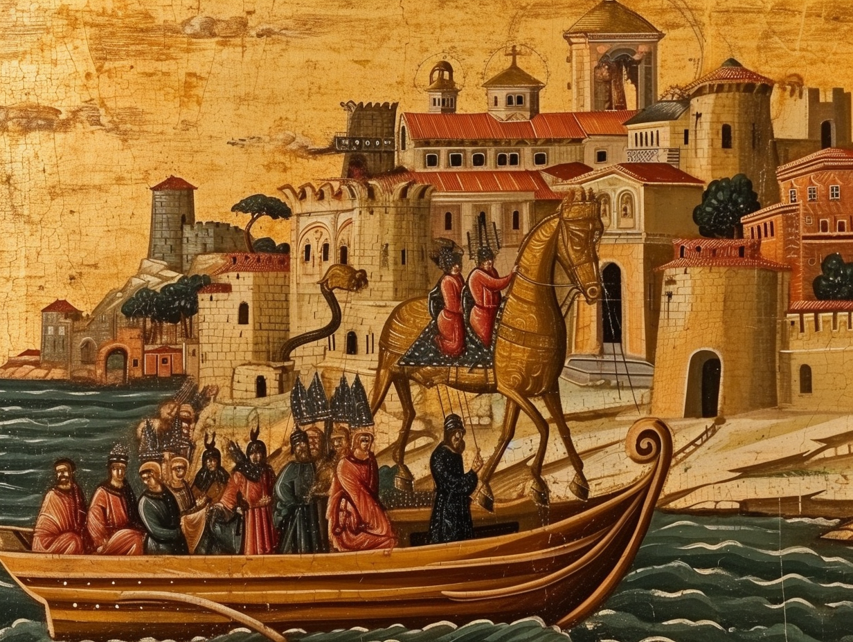 Byzantine icon depicting Trojan Horse